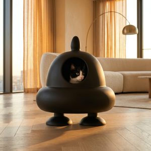 Tuxedo cat peeking out of the TailThink Alien designer cat cave in matte black