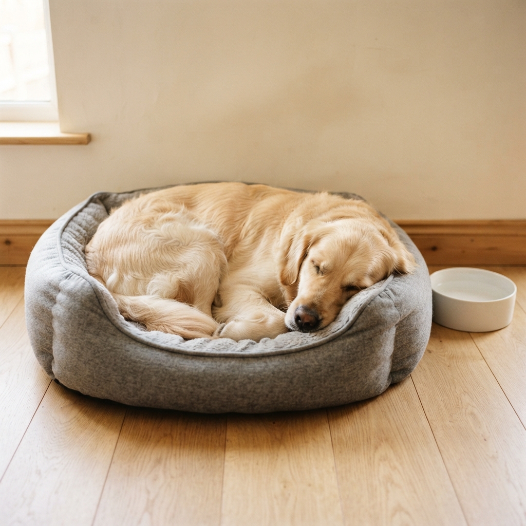Golden retriever asleep in a plush dog bed beside a bowl