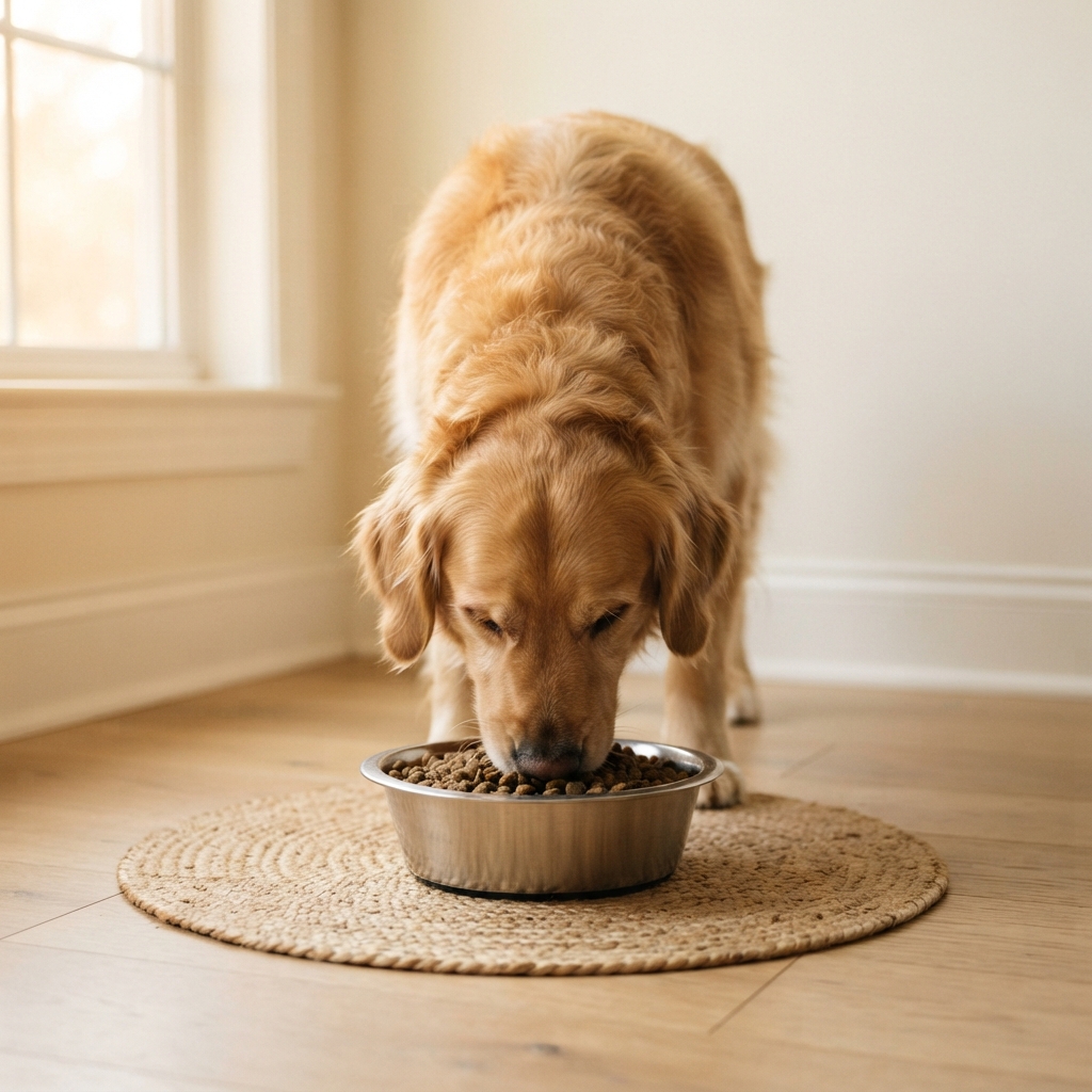 Golden retriever eating kibble from a steel bowl