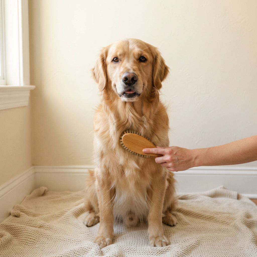 Golden retriever being gently brushed with a grooming brush