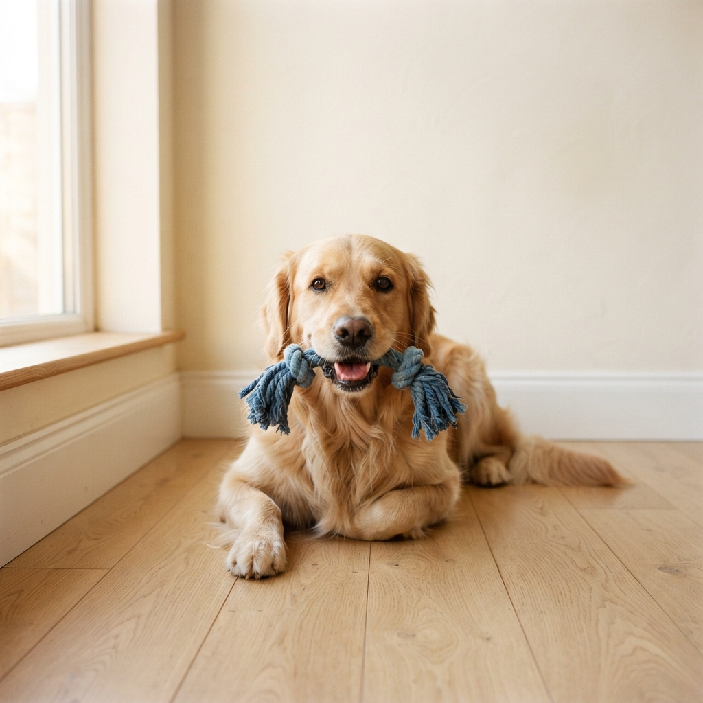 Golden retriever holding a blue rope toy in its mouth
