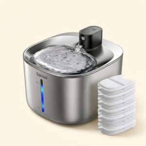 Cordless brushed stainless steel cat water fountain with flowing water