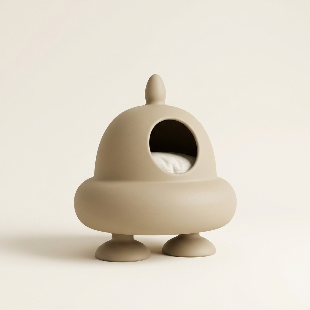 TailThink Alien designer cat cave in light khaki on an ivory background