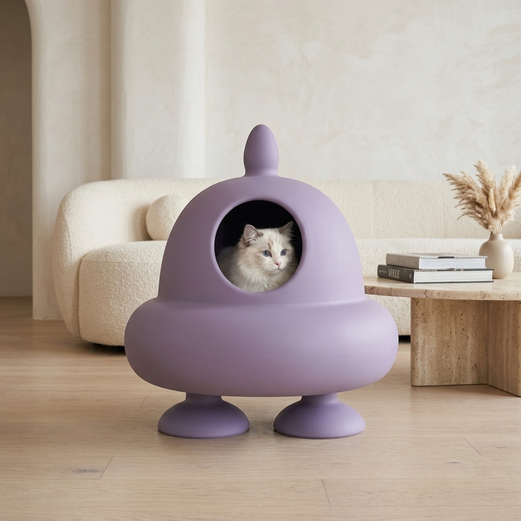 Ragdoll cat inside the TailThink Alien designer cat cave in soft purple