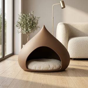 TailThink Little Chestnut designer cat cave in mocha brown in a luxury living room