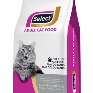 Select Adult Cat Food bag with a grey tabby cat on the front