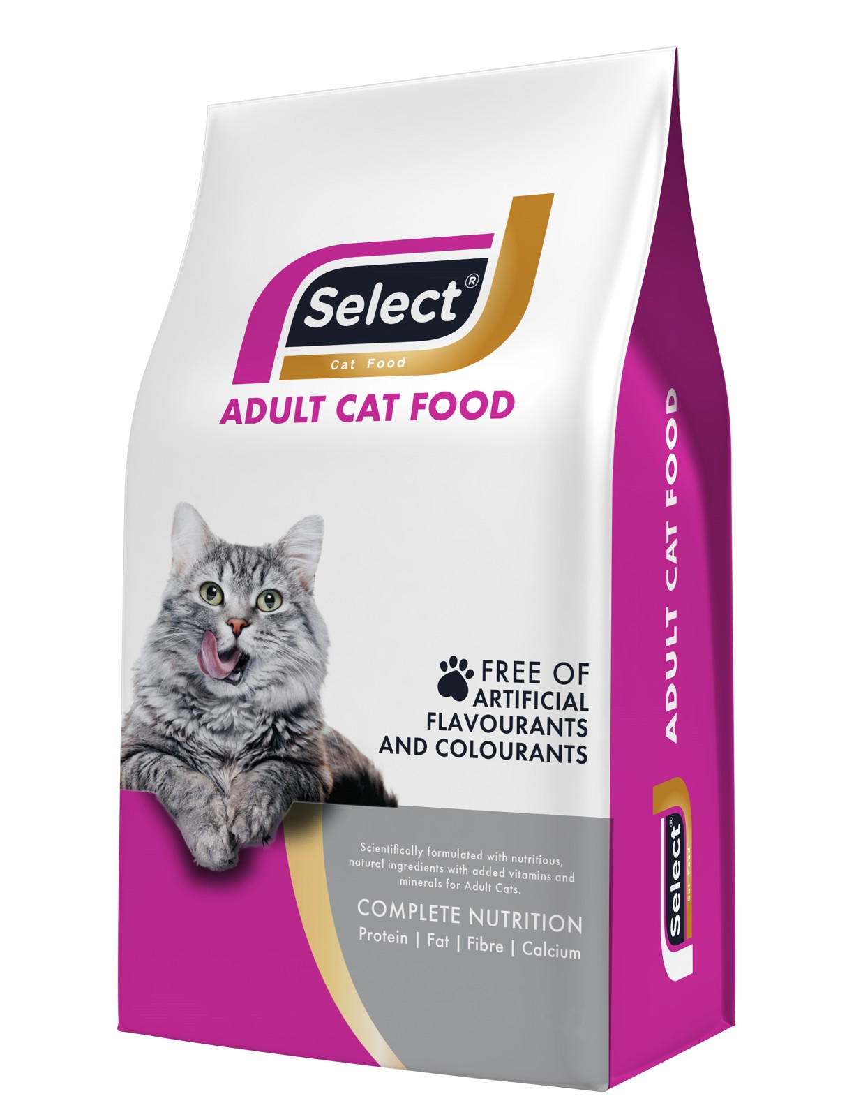 Select Adult Cat Food bag with a grey tabby cat on the front