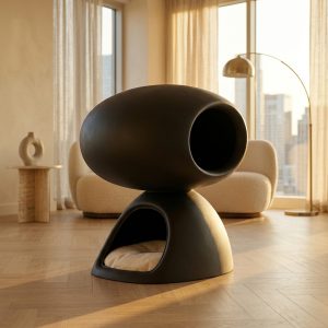 TailThink Stone Habitat designer cat cave in matte black in a luxury living room